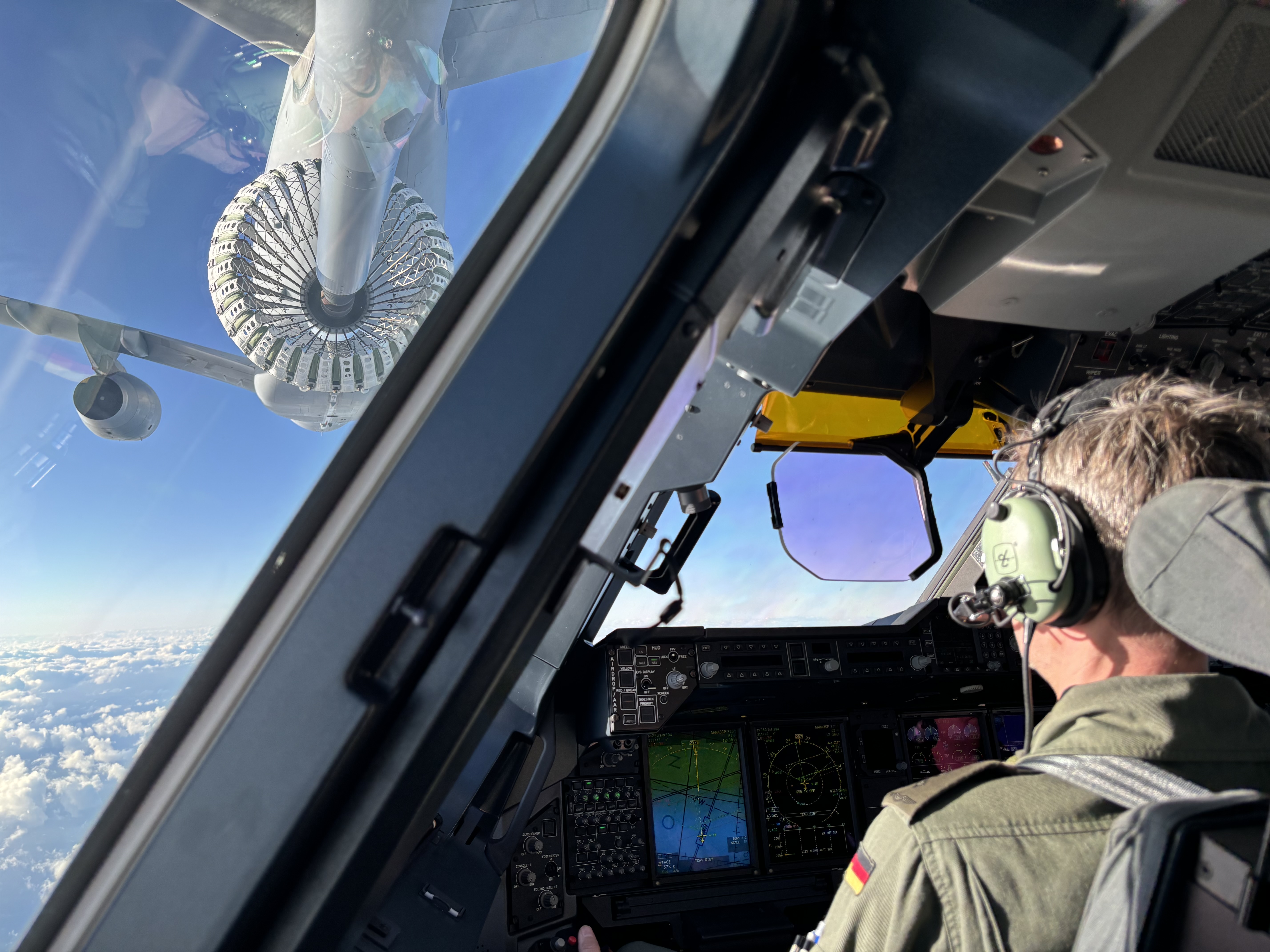 Photo - Contact! A400M Captain connects the Refuelling probe with the RAF Voyager refuelling 'Basket'.